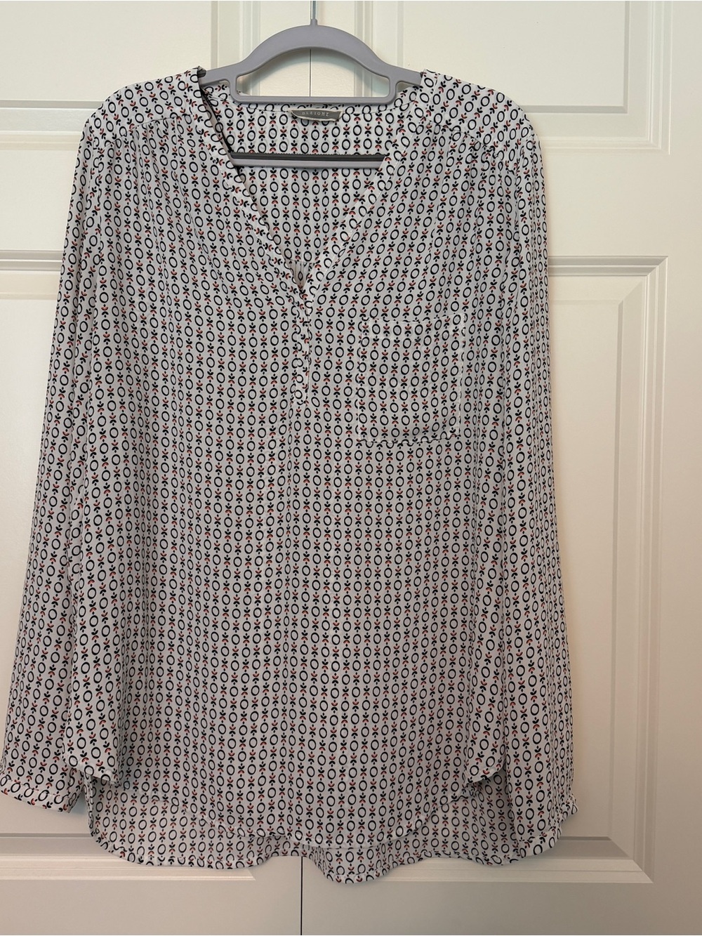 Pleione Black and White Printed Henley Blouse